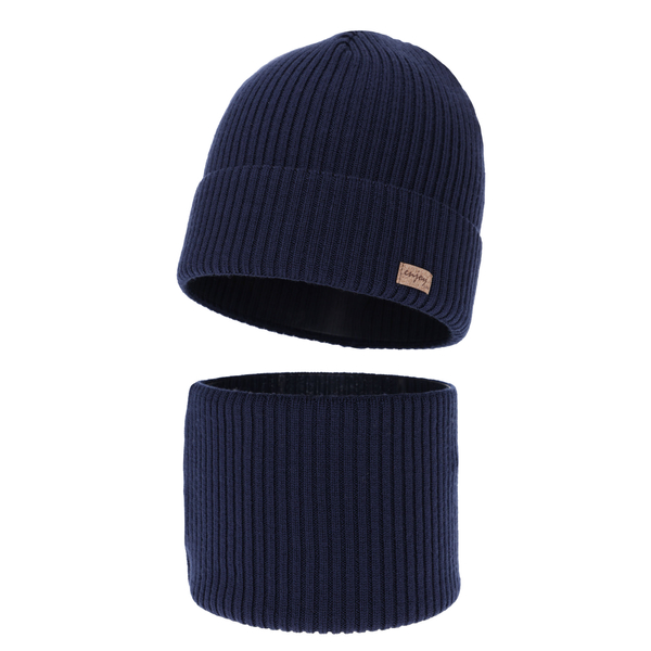 Herbst und Frühlingsset Jungen: Mütze und Schlauchschal 100% extrafeine Merinowolle Navy Blau Intro