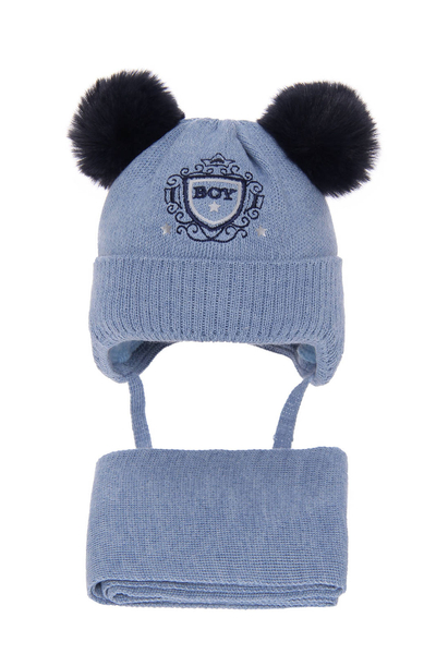Winterset Jungen: Mütze und Schal mit zwei Bommeln Wolle Blau Topaz