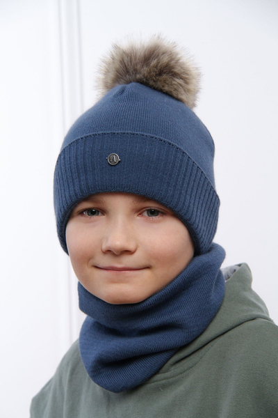 Winterset Jungen: Mütze und Schlauchschal mit Bommel Blau Gryfin
