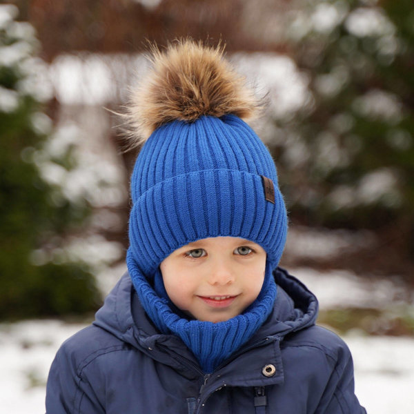 Winterset Jungen: Mütze und Schlauchschal mit Bommel Blau Puzel