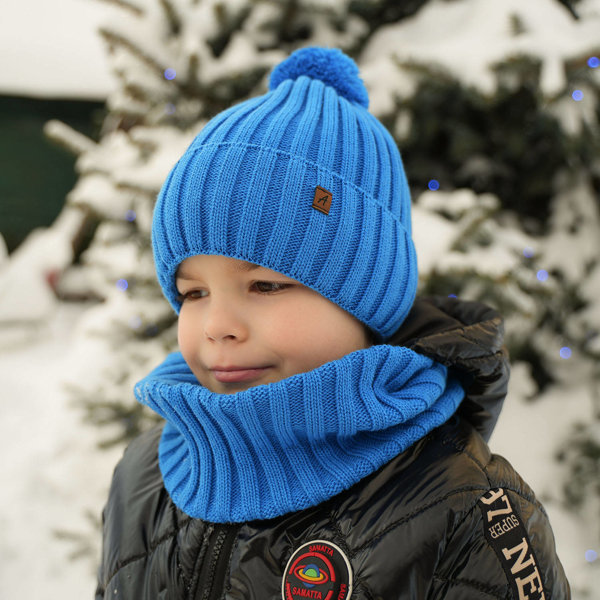 Winterset Jungen: Mütze und Schlauchschal mit Bommel Blau Wiliam