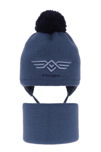 Winterset Jungen: Mütze und Schlauchschal mit Bommel Blau Wings