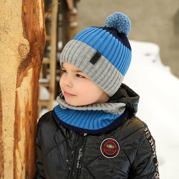 Winterset Jungen: Mütze und Schlauchschal mit Bommel Grau Karson