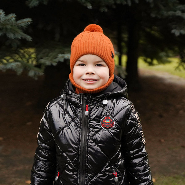 Winterset Jungen: Mütze und Schlauchschal mit Bommel Orange Deny