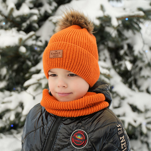 Winterset Jungen: Mütze und Schlauchschal mit Bommel Orange Opal