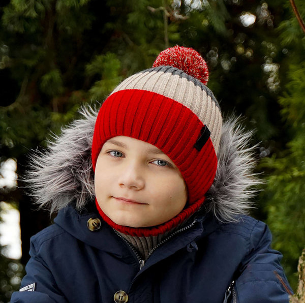 Winterset Jungen: Mütze und Schlauchschal mit Bommel Rot Karson
