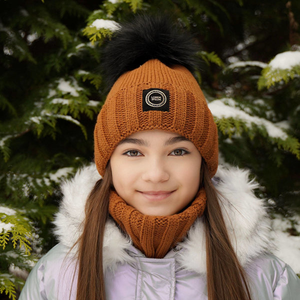 Winterset Mädchen: Mütze und Schlauchschal mit Bommel Braun Hendi