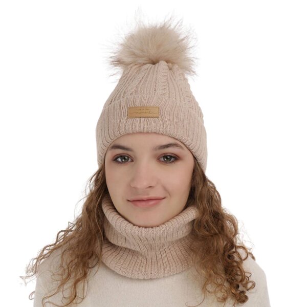 Winterset Mädchen: Mütze und Schlauchschal mit Bommel in Beige Alika 