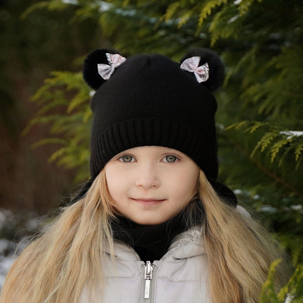 Winterset Mädchen: Mütze und Schlauchschal mit zwei Bommeln Schwarz Lilo