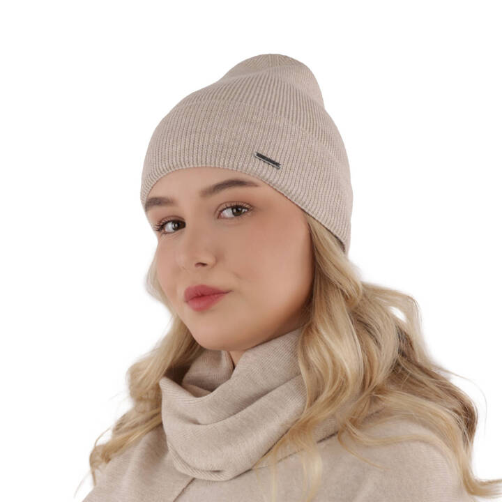 Damen-Set Frühling - Winter: Mütze und Schal Beige 100% extrafeine Merinowolle Melpomena