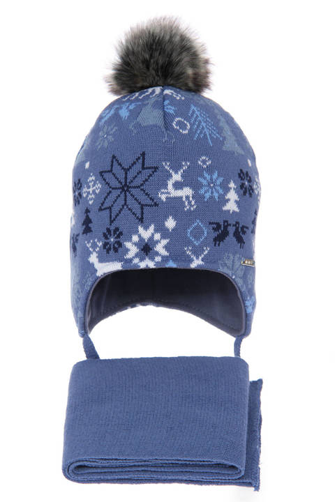 Winterset Jungen: Mütze und Schal mit Bommel Blau Remek