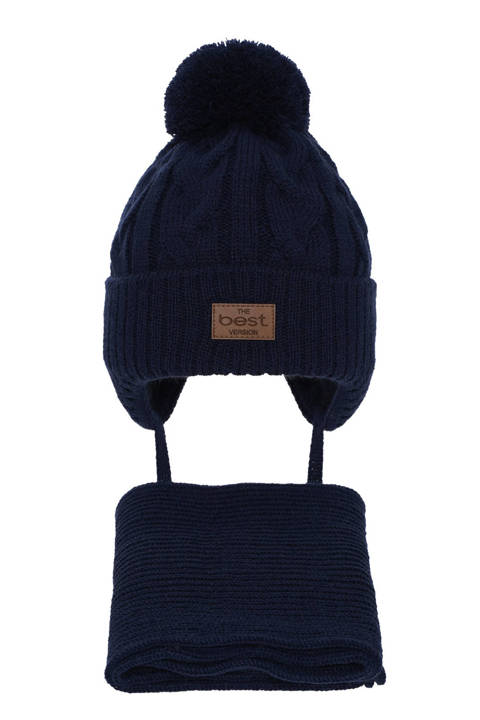 Winterset Jungen: Mütze und Schal mit Bommel Navy Blau Remix