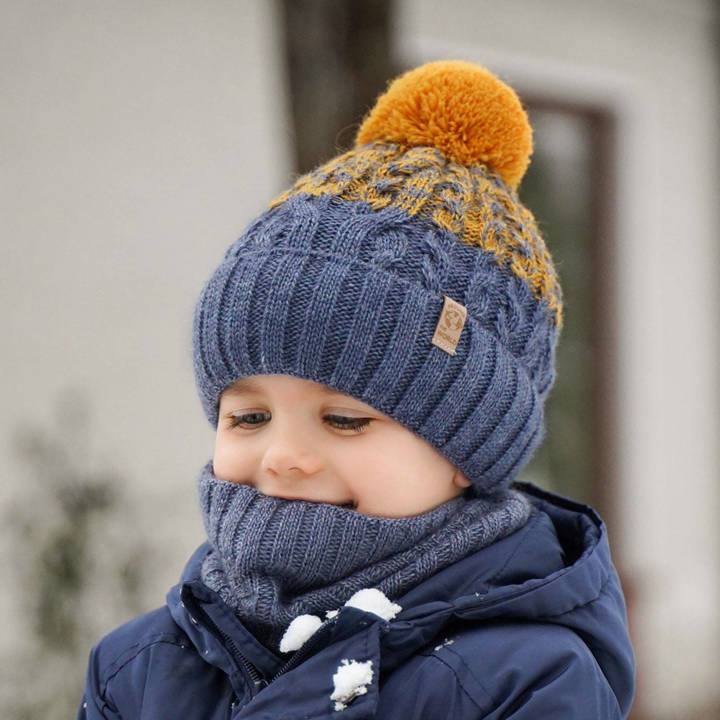 Winterset Jungen: Mütze und Schlauchschal mit Bommel Blau Travis