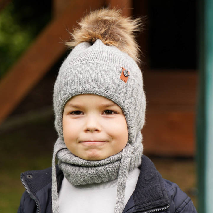 Winterset Jungen: Mütze und Schlauchschal mit Bommel Grau Dominik