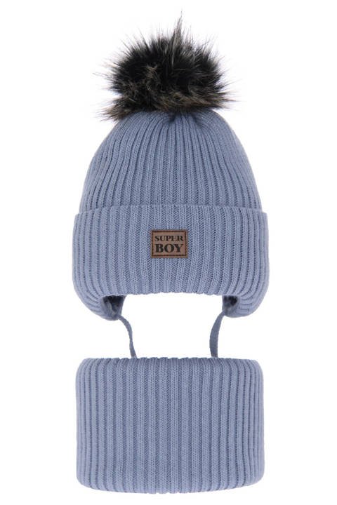 Winterset Jungen: Mütze und Schlauchschal mit Bommel Light blue Denzel