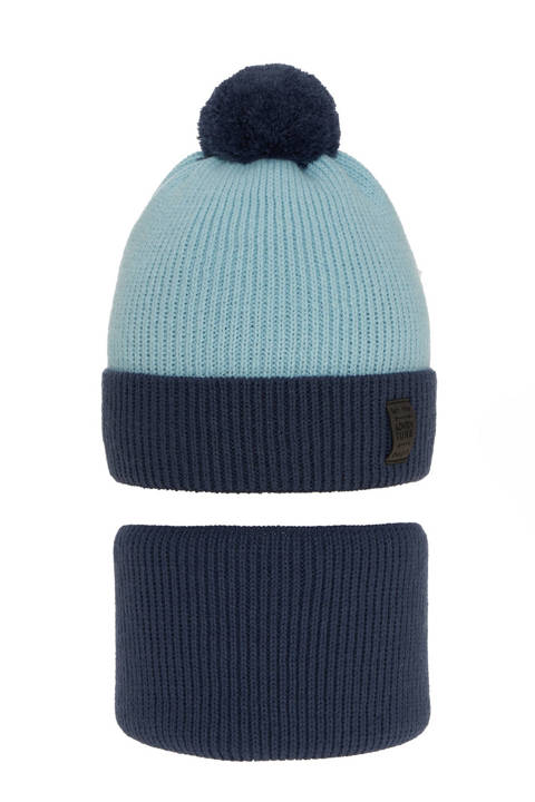 Winterset Jungen: Mütze und Schlauchschal mit Bommel Navy Blau Raspi