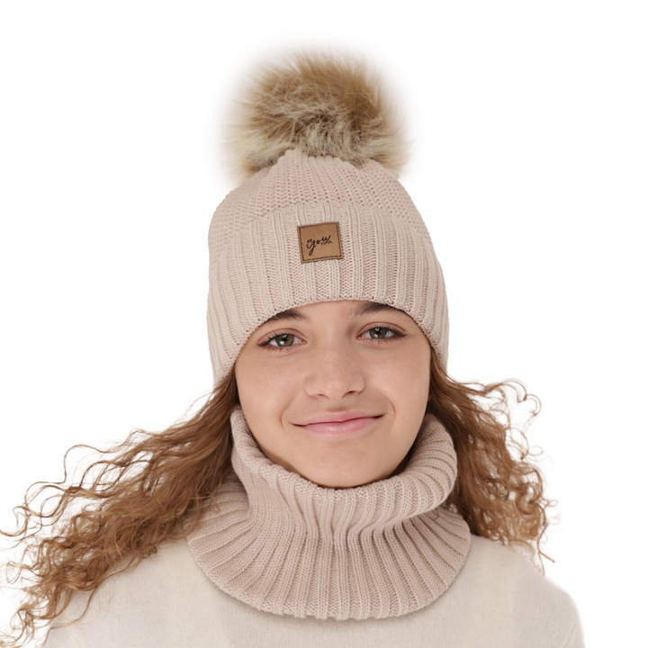 Winterset Mädchen: Mütze und Schlauchschal mit Bommel Beige Juliette