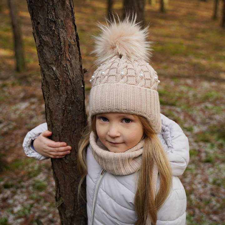 Winterset Mädchen: Mütze und Schlauchschal mit Bommel Beige Safona