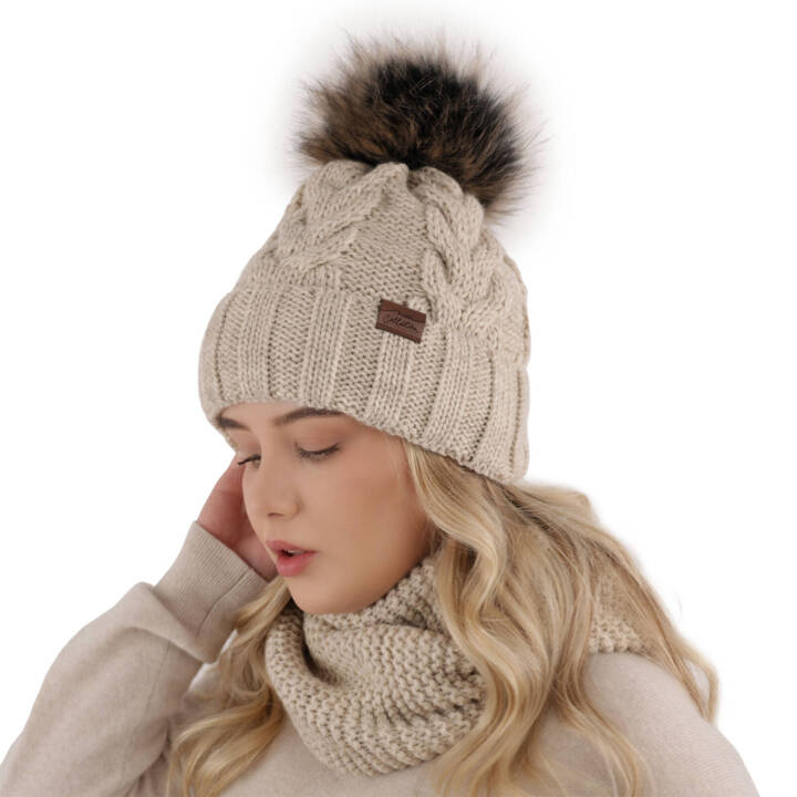 Winterset Mädchen: Mütze und Schlauchschal mit Bommel Beige Torina