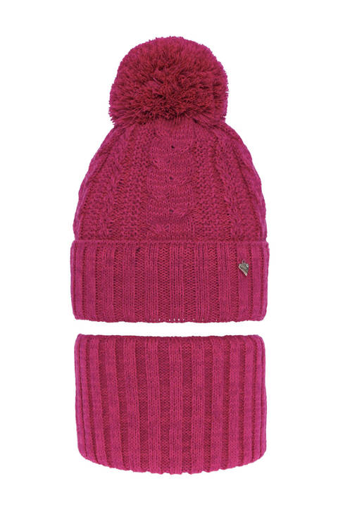 Winterset Mädchen: Mütze und Schlauchschal mit Bommel Rosa Maroko