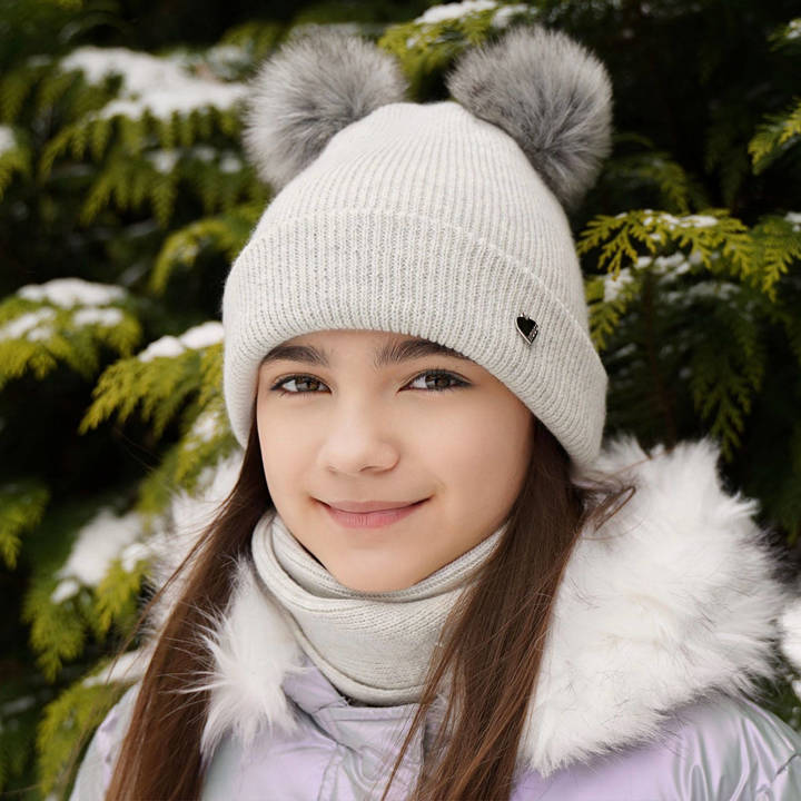 Winterset Mädchen: Mütze und Schlauchschal mit zwei Bommeln Grau Milagros