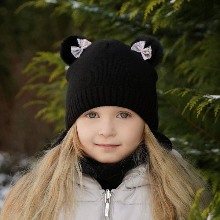 Winterset Mädchen: Mütze und Schlauchschal mit zwei Bommeln Schwarz Lilo