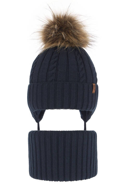 Winterset für Jungen: Mütze und Schlauchschal mit Bommel in Navy Blau Peter