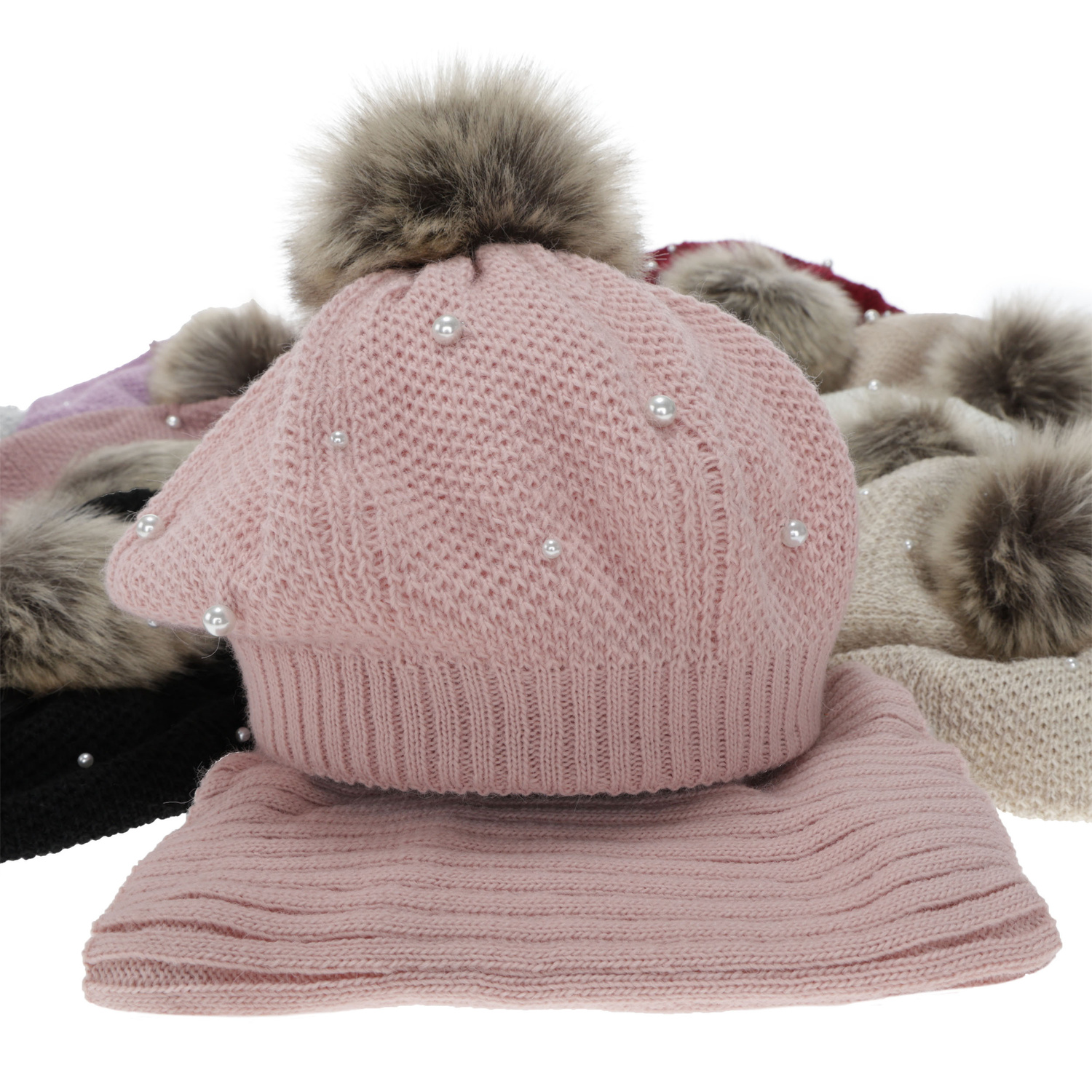 Winterset Mädchen: Beret und Schlauchschal, violett, mit Bommel, Fleecefutter, Jeanette