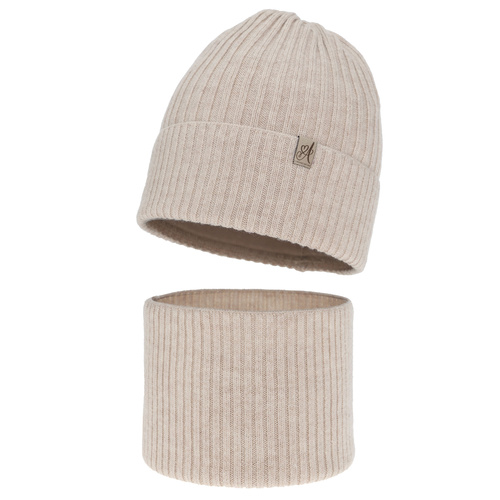 Winterset Mädchen: Mütze und Schlauchschal aus 100% Merinowolle, Beige, Patricia
