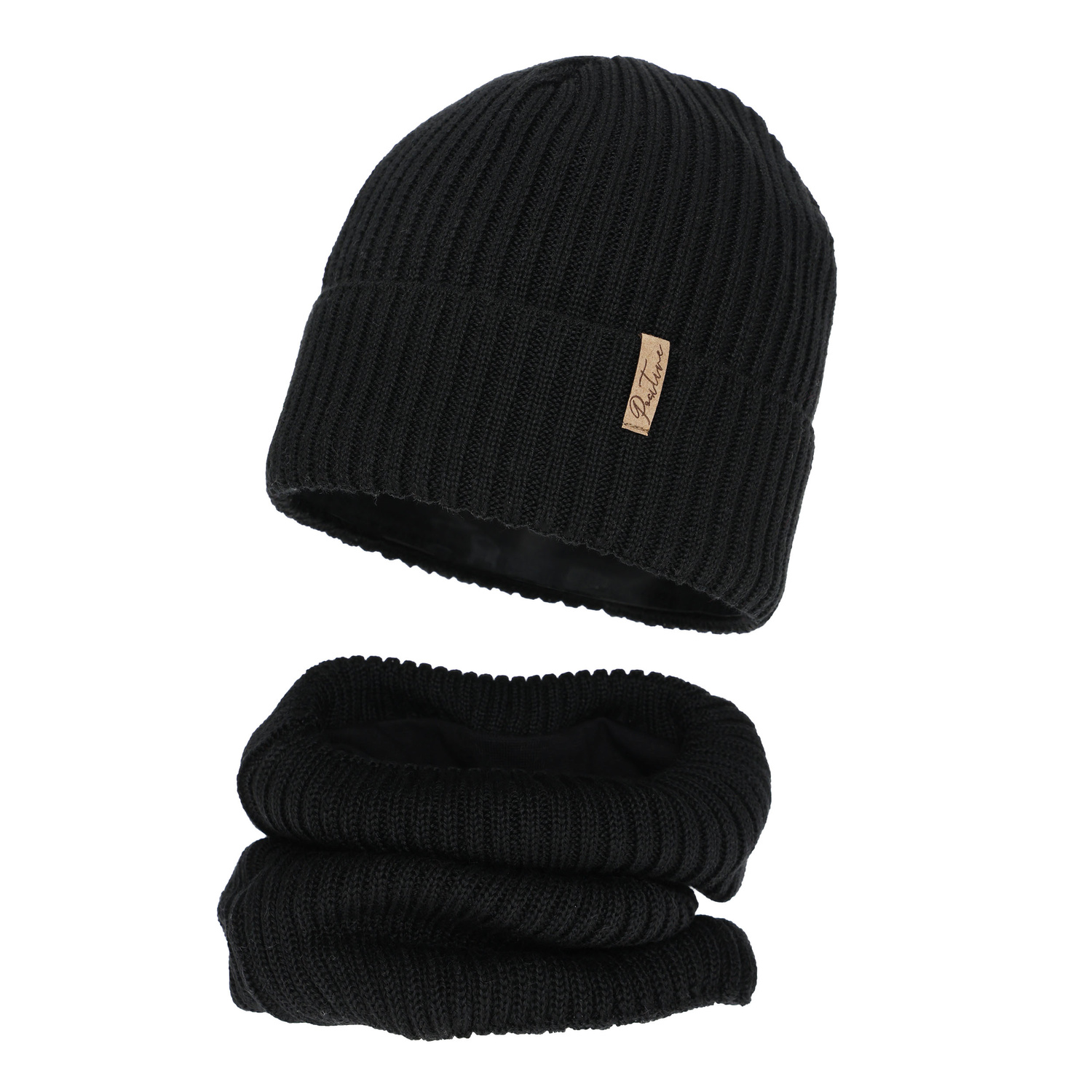 Mütze und Schlauchschal mit Fleecefutter für Mädchen, Winter, schwarz, mit Merinowolle, Odette