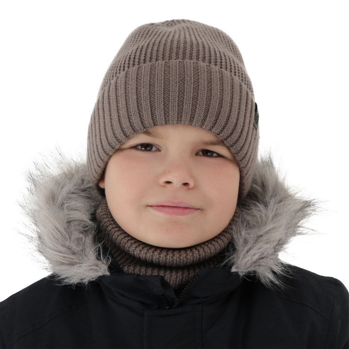 Mütze und Schlauchschal für Jungen, Winterset, 100% Merinowolle, mit Merinowollefutter, braun Harbin