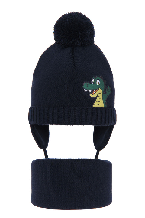 Winterset Jungen: Mütze und Schlauchschal mit Bommel Navy Blau Damir
