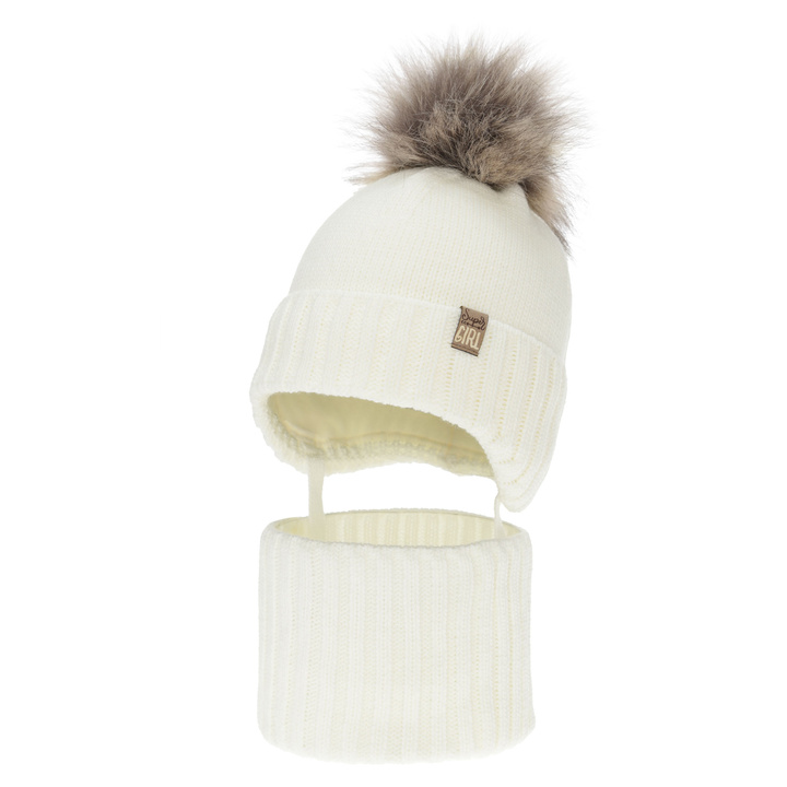 Winterset Mädchen: Mütze und Schlauchschal, winter, cremeweiß, mit Bommel, Primula