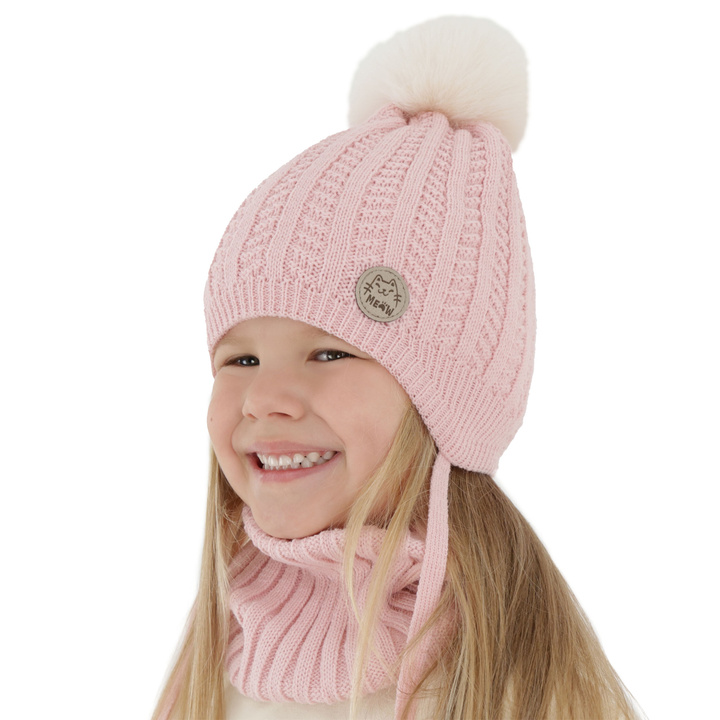 Winterset für Mädchen: Mütze und Schlauchschal mit Bommel in Rosa Kenta