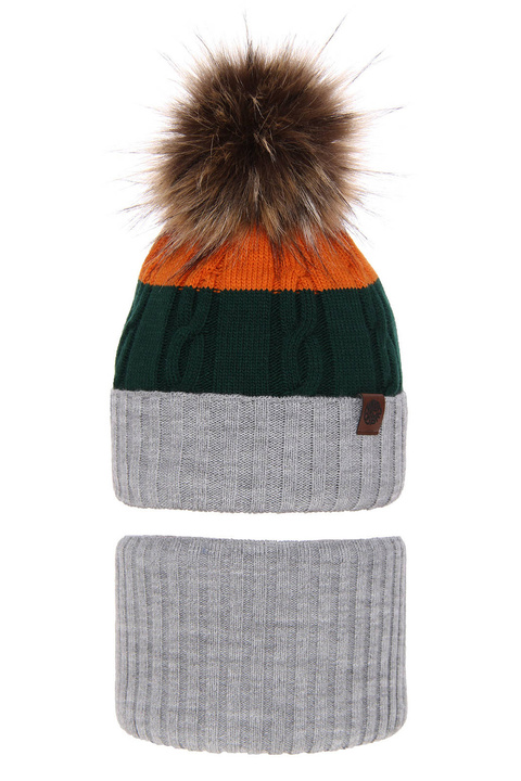 Winterset Jungen: Mütze und Schlauchschal mit Bommel Grau Karmel