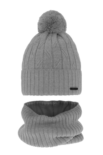 Winterset für Jungen: Mütze und Schlauchschal aus Merinowolle mit Bommel in Grau Talar