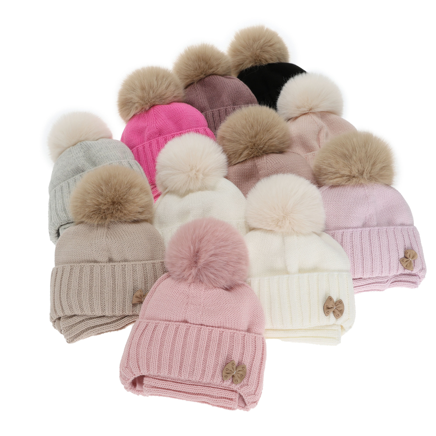 Winterset für Mädchen: Mütze und Schlauchschal mit Bommel in Beige Talena