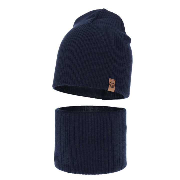 Herbst und Frühlingsset Jungen: Mütze und Schlauchschal 100% extrafeine Merinowolle Navy Blau Richi