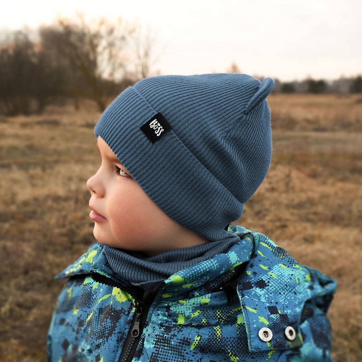 Herbst und Frühlingsset Jungen: Mütze und Schlauchschal, mit Baumwolle, Blau Grajan