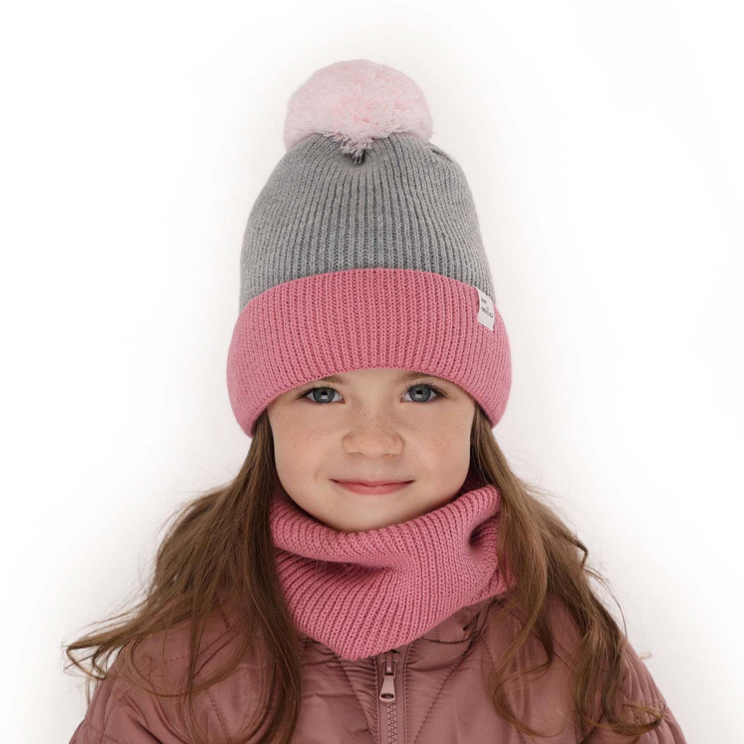 Winterset Mädchen: Mütze und Schlauchschal mit Bommel Rosa Rosalin