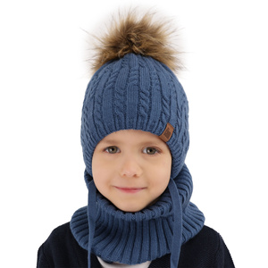 Winterset für Jungen: Mütze und Schlauchschal mit Bommel in Beige Indigo