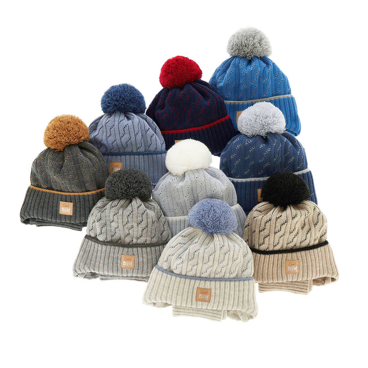 Winterset Jungen: Mütze und Schlauchschal mit Bommel Blau Pikolo