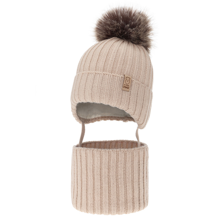 Winterset für Mädchen: Mütze und Schlauchschal, mit Bommel, Beige Abigail
