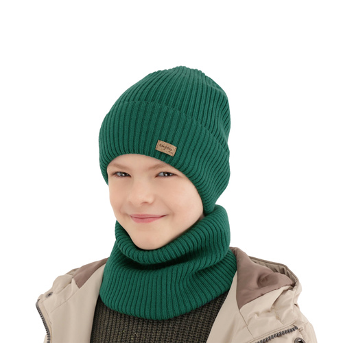 Herbst und Frühlingsset Jungen: Mütze und Schlauchschal 100% extrafeine Merinowolle Grün Intro