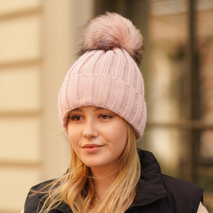 Wintermütze Damen mit Bommel Beige Mokka