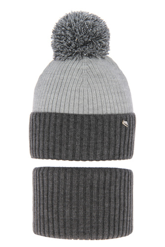 Winterset Mädchen: Mütze und Schlauchschal mit Bommel Grau Kolumbina