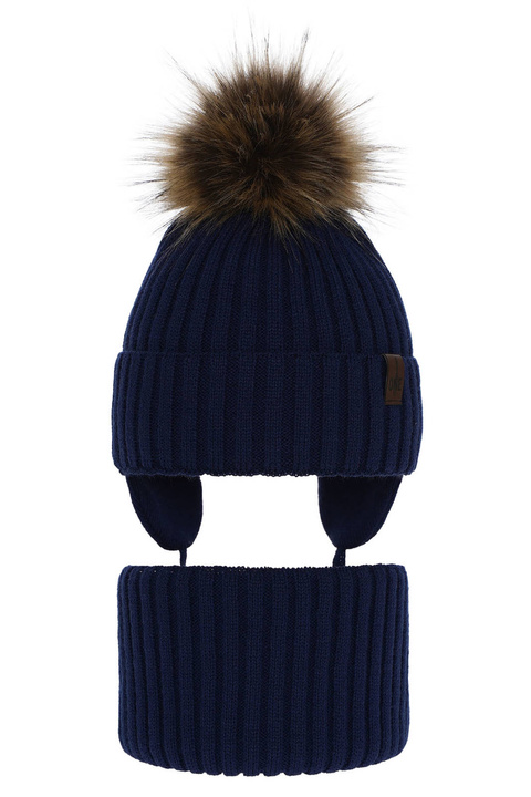 Winterset Jungen: Mütze und Schlauchschal mit Bommel Navy Blau Puzel