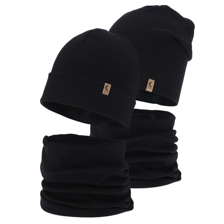 Herbst und Frühlingsset Mädchen: Mütze und Schlauchschal, schwarz, Baumwolle, Bravura