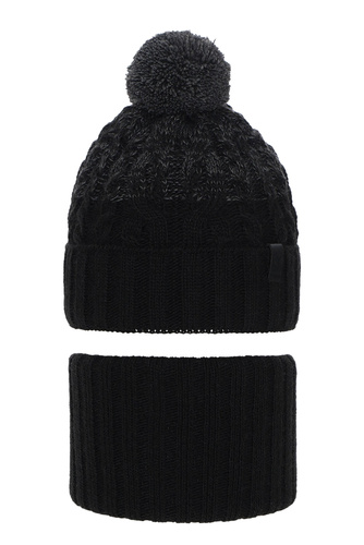 Winterset Jungen: Mütze und Schlauchschal mit Bommel Schwarz Travis