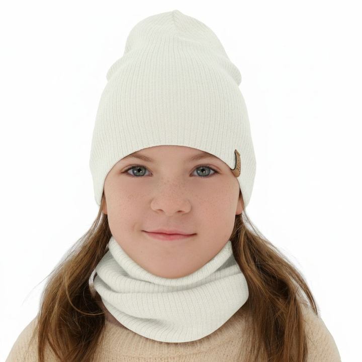 Herbst und Frühlingsset Mädchen: Mütze und Schlauchschal 100% extrafeine Merinowolle Weiß Ricona